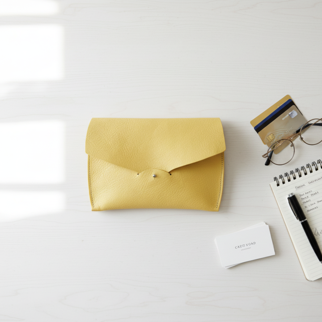 子供と成長する母子手帳ケース　レモンイエローのイタリア産アラスカ本革レザー　カード10枚　通帳、お薬手帳入れとして
