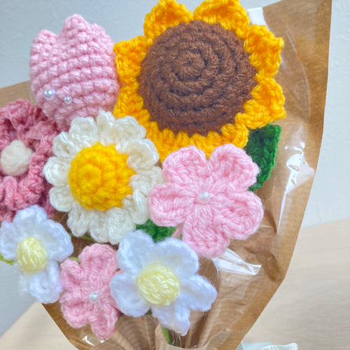 タグサービス中 ピンク チューリップ ひまわり 枯れない 花束 毛糸