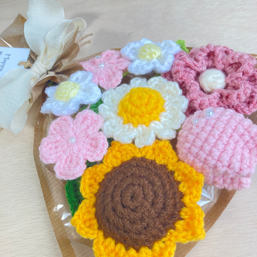 タグサービス中 ピンク チューリップ ひまわり 枯れない 花束 毛糸