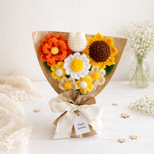 ときめくピンクとひまわりのブーケ チューリップ 枯れない 花束 毛糸