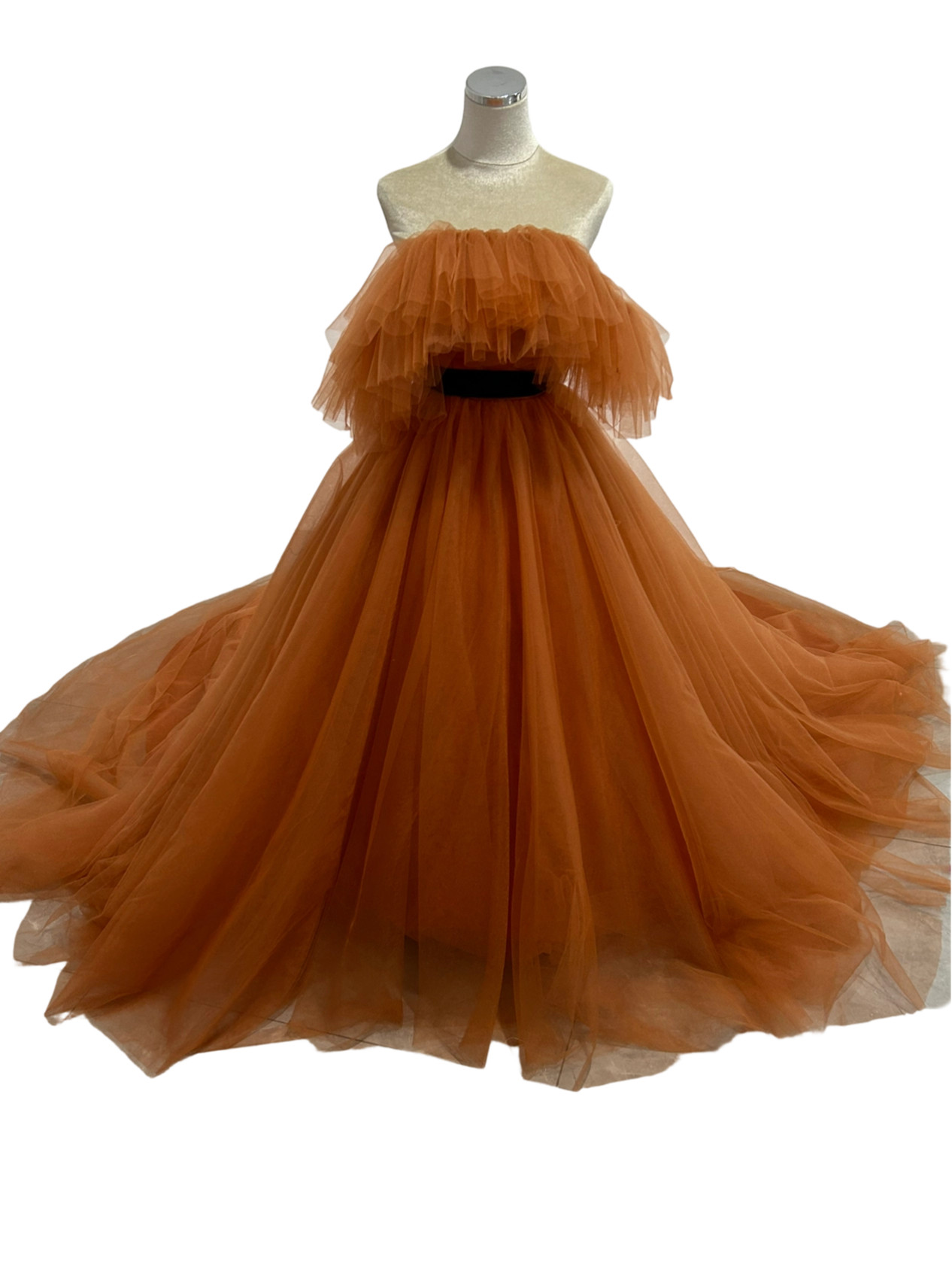 カラードレス テラコッタ  オフショルダー 編み上げ 柔らかく重ねたチュールスカート 結婚式/披露宴 Aライン サッシュ