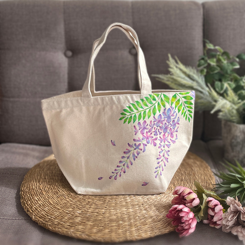 手描き藤の花柄 トートバッグ ランチバッグ ナチュラル 花柄 和柄 和風