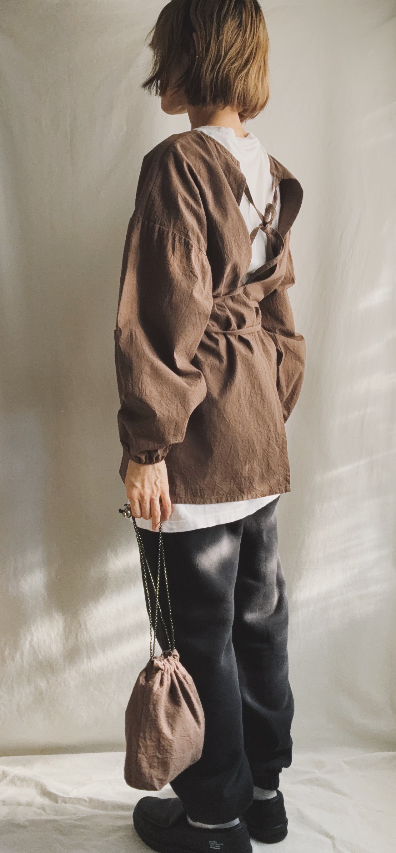 ◇即納◇カッポウ ショート 長ソデ（袖口：ゴム） ブラウン　(オプション不可アイテム）