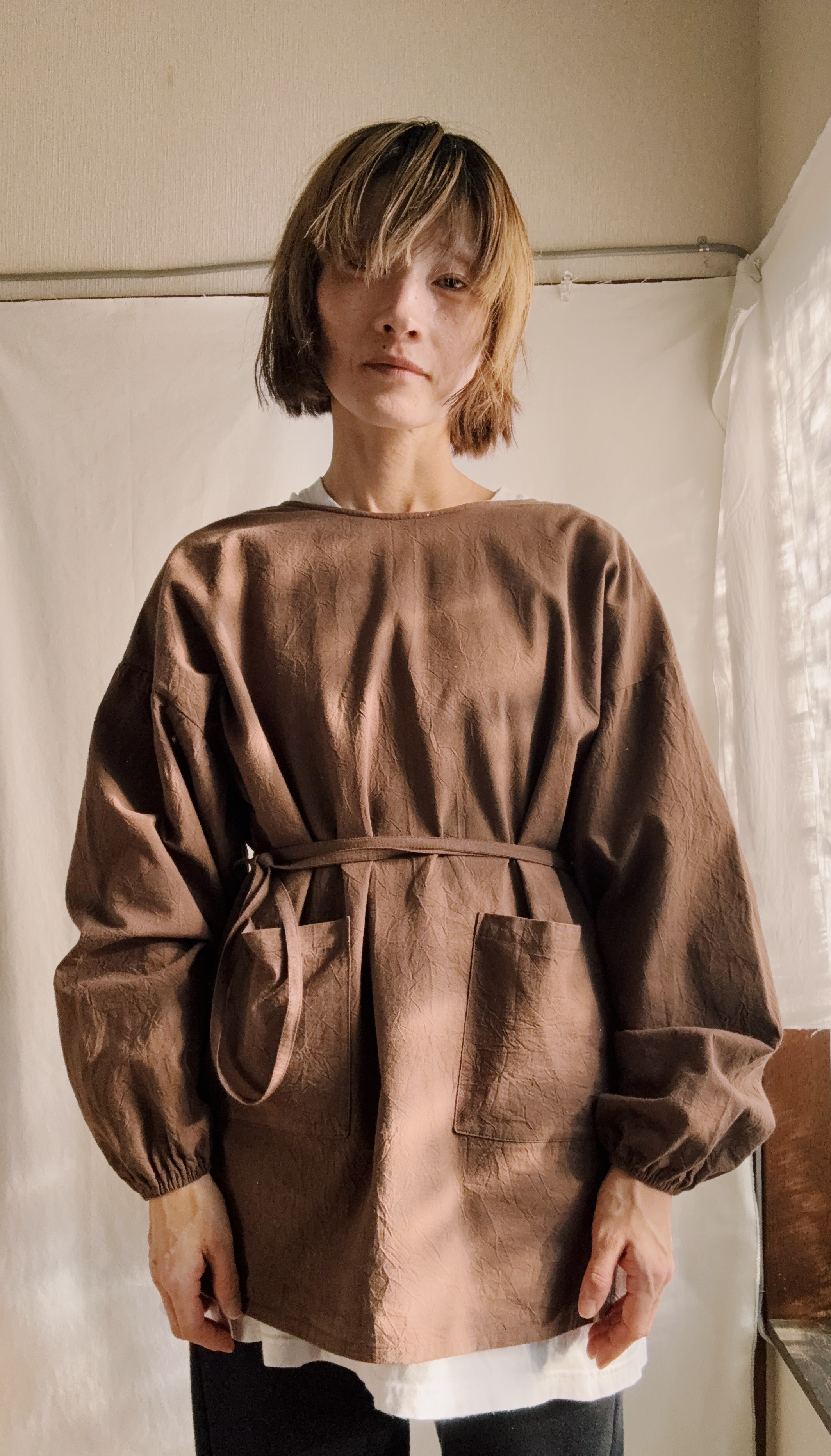 ◇即納◇カッポウ ショート 長ソデ（袖口：ゴム） ブラウン　(オプション不可アイテム）