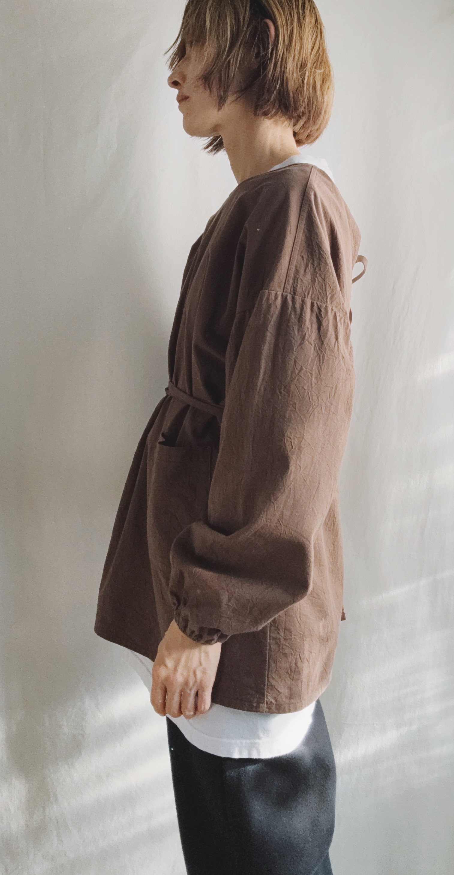 ◇即納◇カッポウ ショート 長ソデ（袖口：ゴム） ブラウン　(オプション不可アイテム）