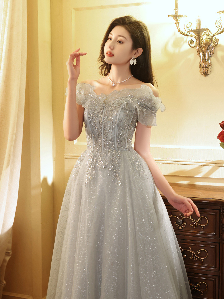 シルバー オフショルダー ロング カラードレス 高級感 韓国風 ウェディング パーティー 演奏会 二次会 HL151