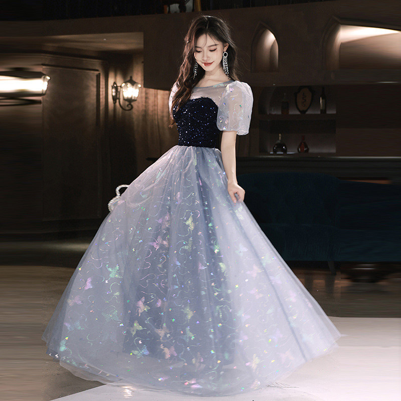 青 パフスリーブ キラキラ ロング カラードレス 高級感 韓国風 ウェディング パーティー 演奏会 二次会 HL152