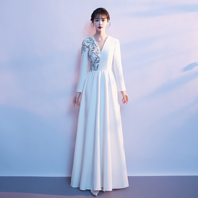 白 長袖 Vネック ロング カラードレス シンプル 韓国風 ウェディング パーティー 演奏会 二次会 HL153