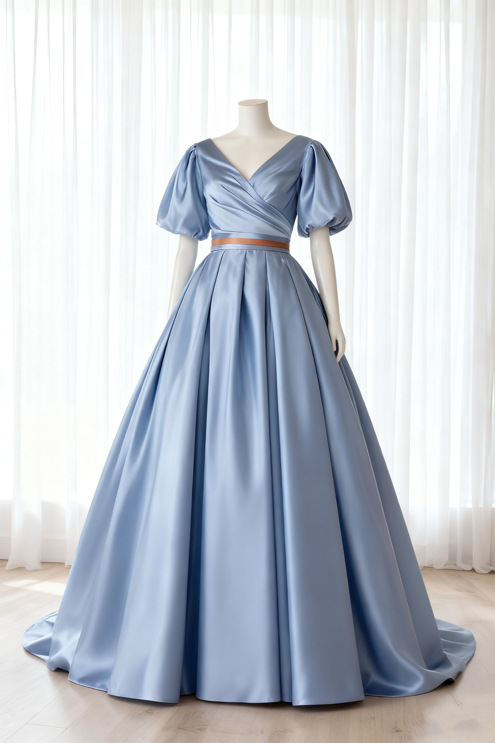 送料無料！カラードレス パフスリーブドレス Vネックドレス 爽やかで優しいブルー サッシュベルト 光沢サテン 結婚式