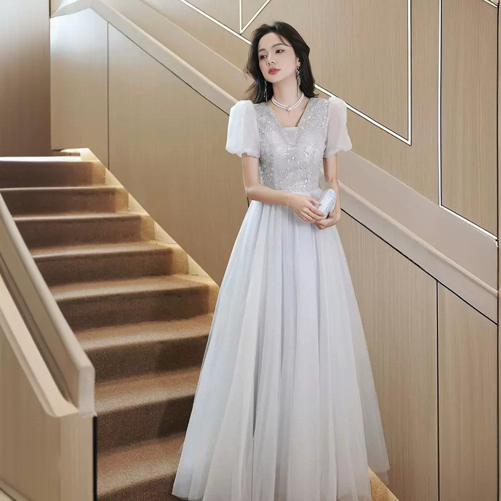 シルバーグレー 半袖 ロング カラードレス おしゃれ 綺麗 ウェディング パーティー 演奏会 二次会 HL160