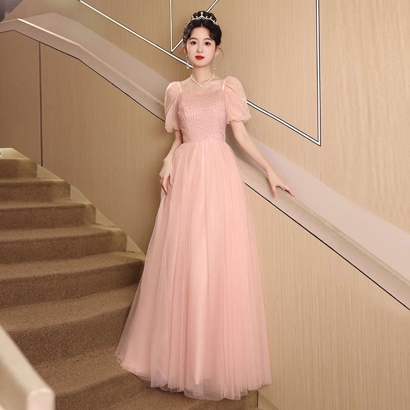 ピンク 半袖 ロング カラードレス プリンセス 綺麗 韓国風 ウェディング パーティー 演奏会 二次会 HL162