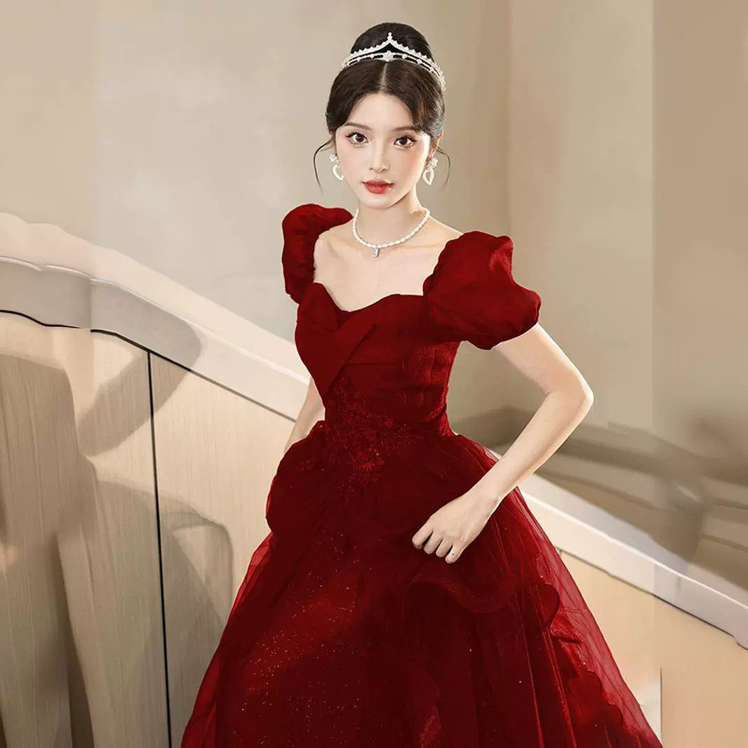 赤 半袖 ロング カラードレス プリンセス 綺麗 韓国風 花嫁 ウェディング パーティー 演奏会 二次会 HL163