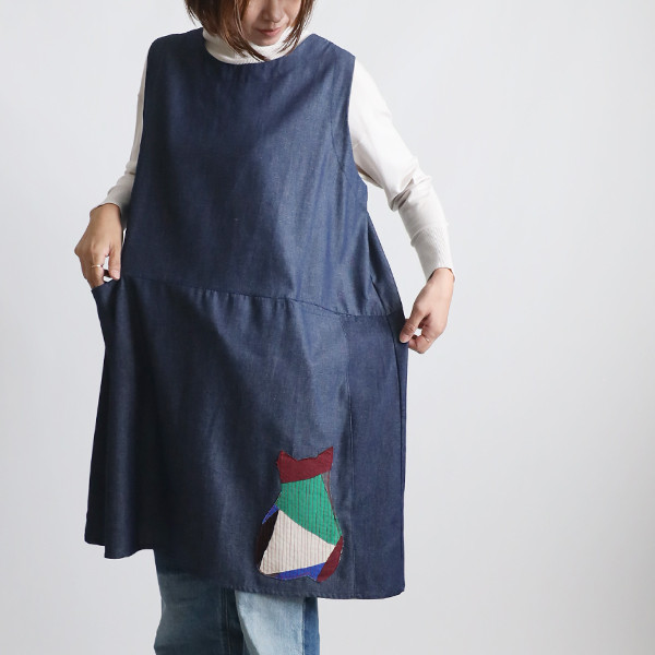 春うららＳＡＬＥ　愉快なチュニック　猫パッチワーク　CAT　大きなポケット付き ジャンスカ　ワンピース Y01C