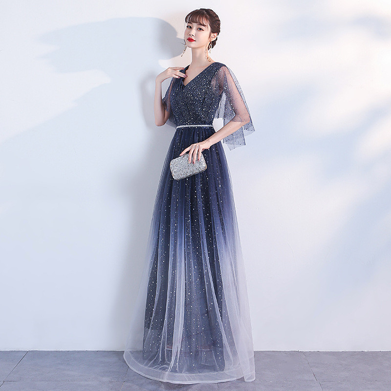 青 Vネック ロング キラキラ カラードレス 綺麗 韓国風 ウェディング パーティー 演奏会 二次会 HL164