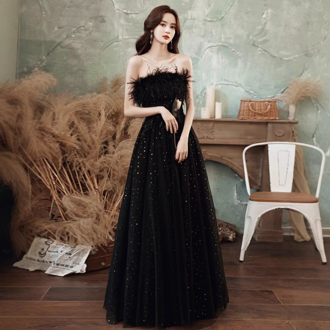 黒 オフショルダー ロング キラキラ カラードレス 高級感 韓国風 ウェディング パーティー 演奏会 二次会 HL165