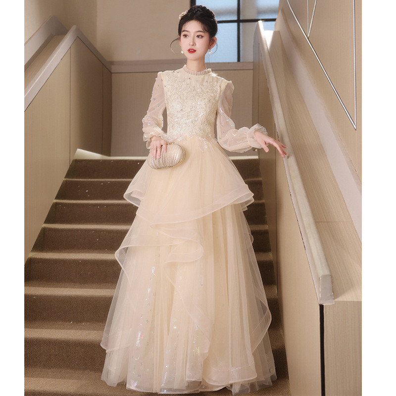 シャンパン色 長袖 ロング キラキラ カラードレス 綺麗 韓国風 ウェディング パーティー 演奏会 二次会 HL166