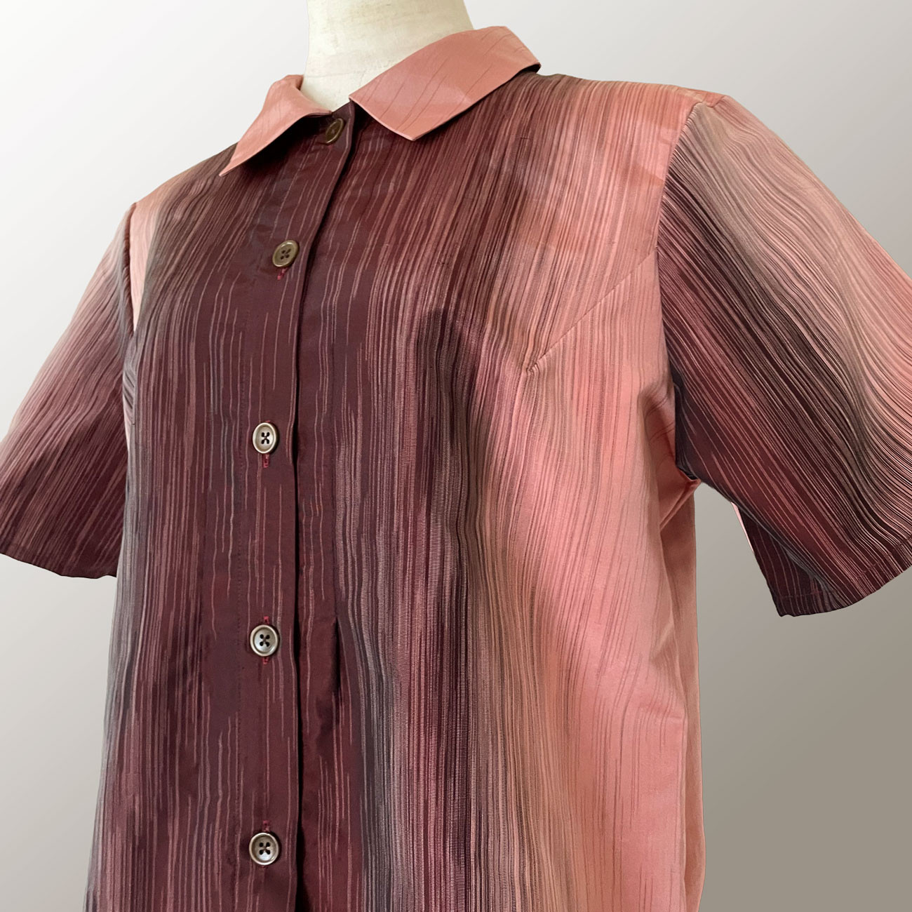 半袖 シルクブラウス【紬着物リメイク】ピンクブラウン * グラデーション / 一点物 * セットアップ