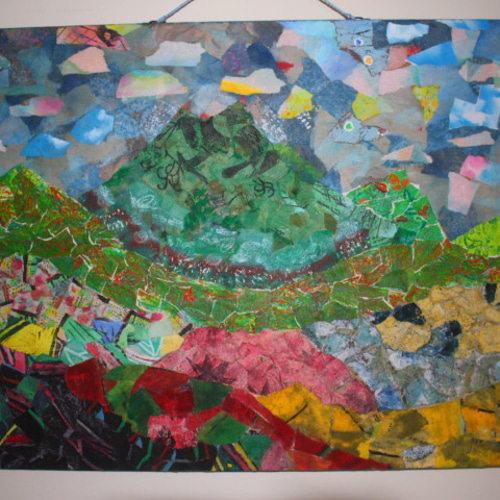 ちぎり絵アート＜ある山なみ風景scene＊板パネル＞P-20号。壁掛け