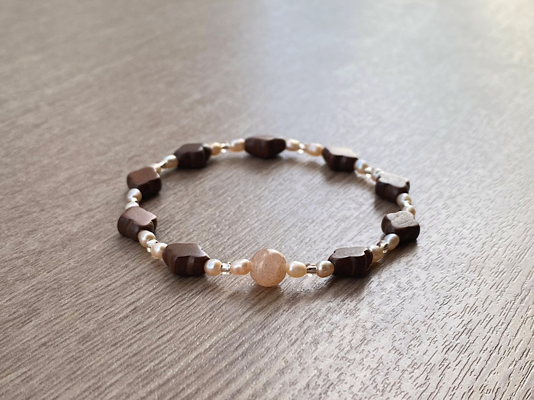 オレンジムーンストーン 天然石 ヴィンテージ ウッドビーズ パール ブレスレット