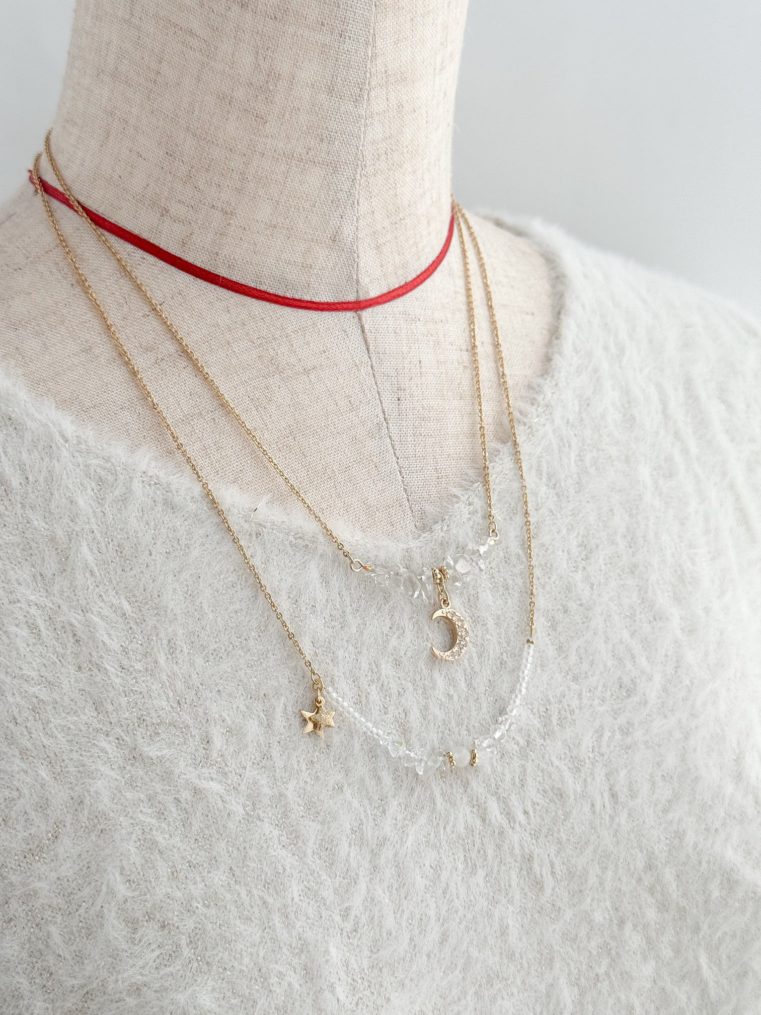 選べる 3Way ネックレス ＊ 星 or 月 クリスタル 天然石 ネックレス (ゴールド）