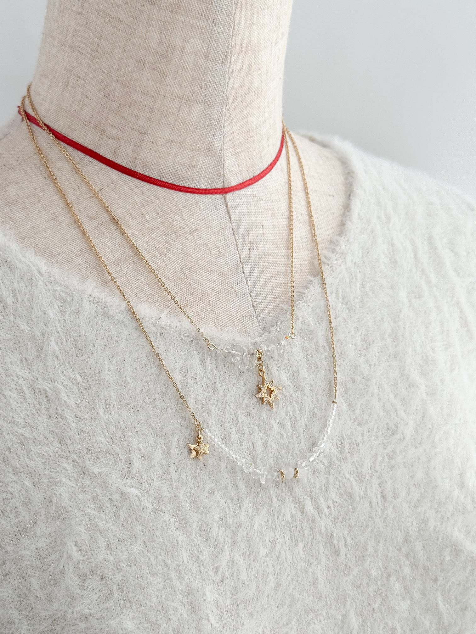 選べる 3Way ネックレス ＊ 星 or 月 クリスタル 天然石 ネックレス (ゴールド）