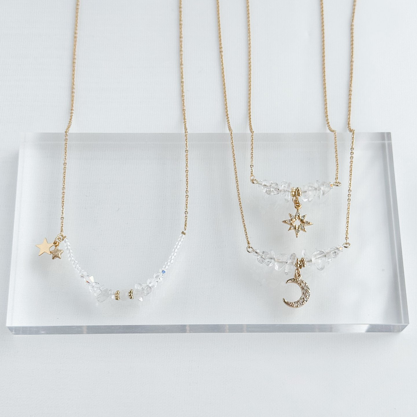 選べる 3Way ネックレス ＊ 星 or 月 クリスタル 天然石 ネックレス (ゴールド）