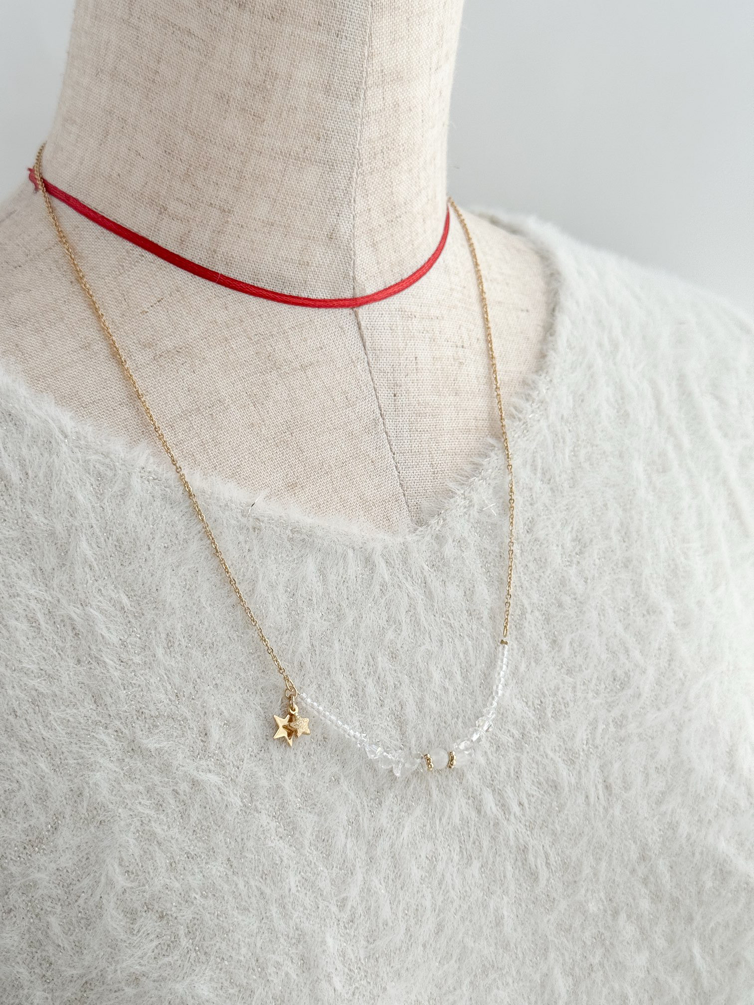 選べる 3Way ネックレス ＊ 星 or 月 クリスタル 天然石 ネックレス (ゴールド）