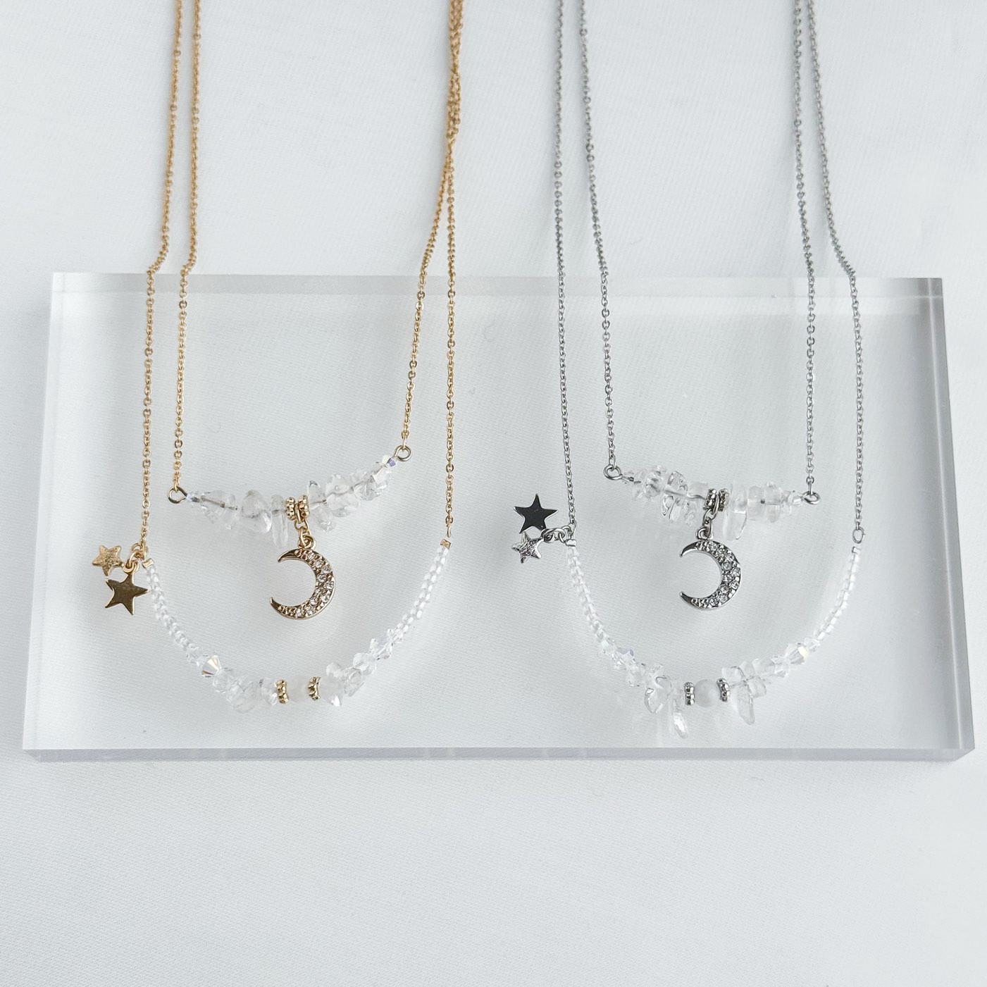 選べる 3Way ネックレス ＊ 星 or 月 クリスタル 天然石 ネックレス (ゴールド）