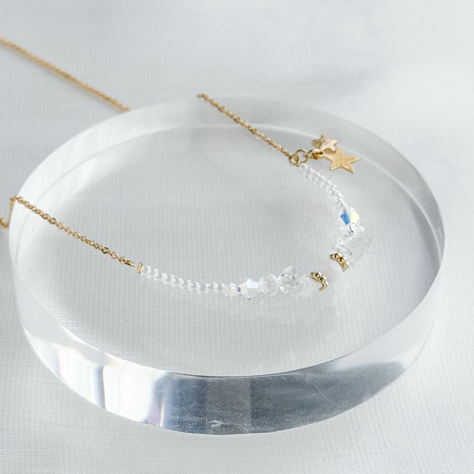選べる 3Way ネックレス ＊ 星 or 月 クリスタル 天然石 ネックレス (ゴールド）