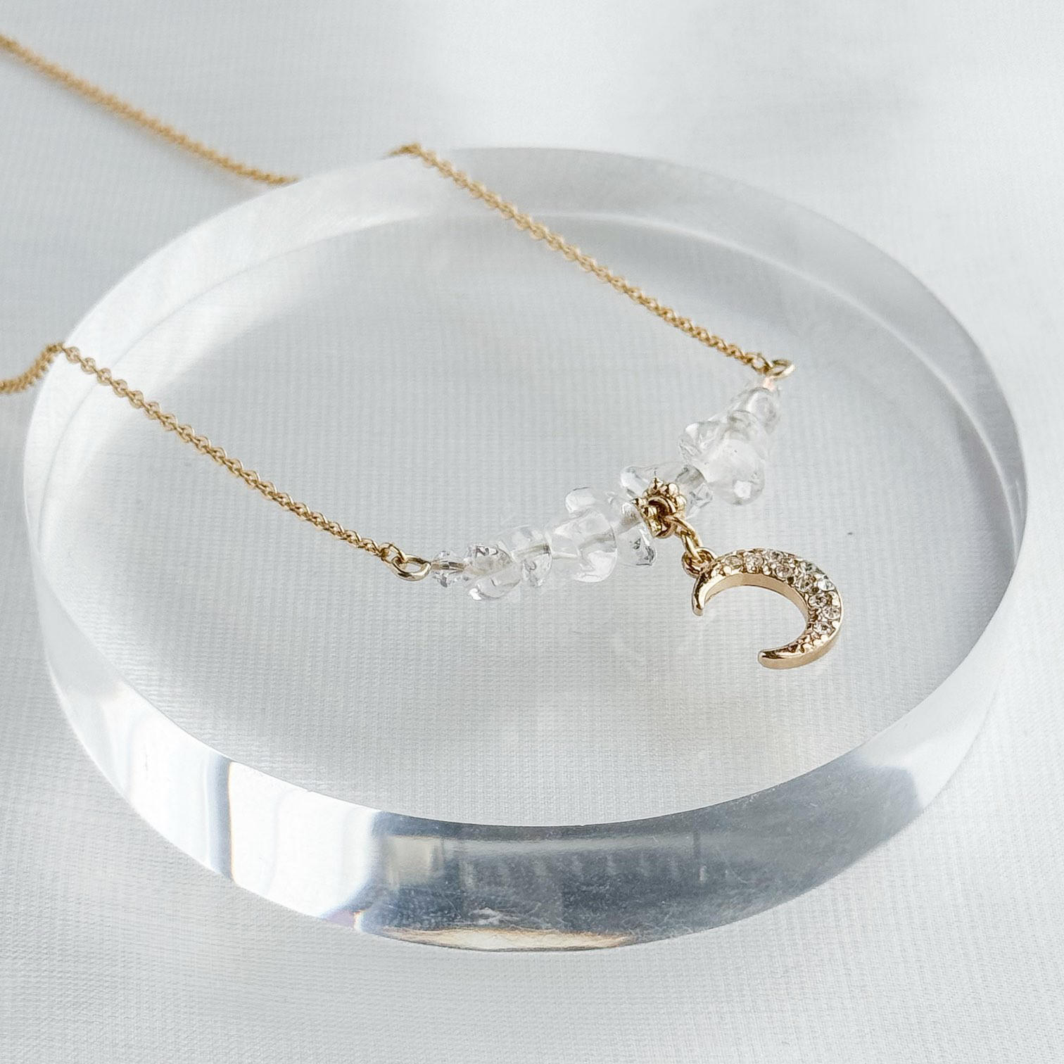 選べる 3Way ネックレス ＊ 星 or 月 クリスタル 天然石 ネックレス (ゴールド）