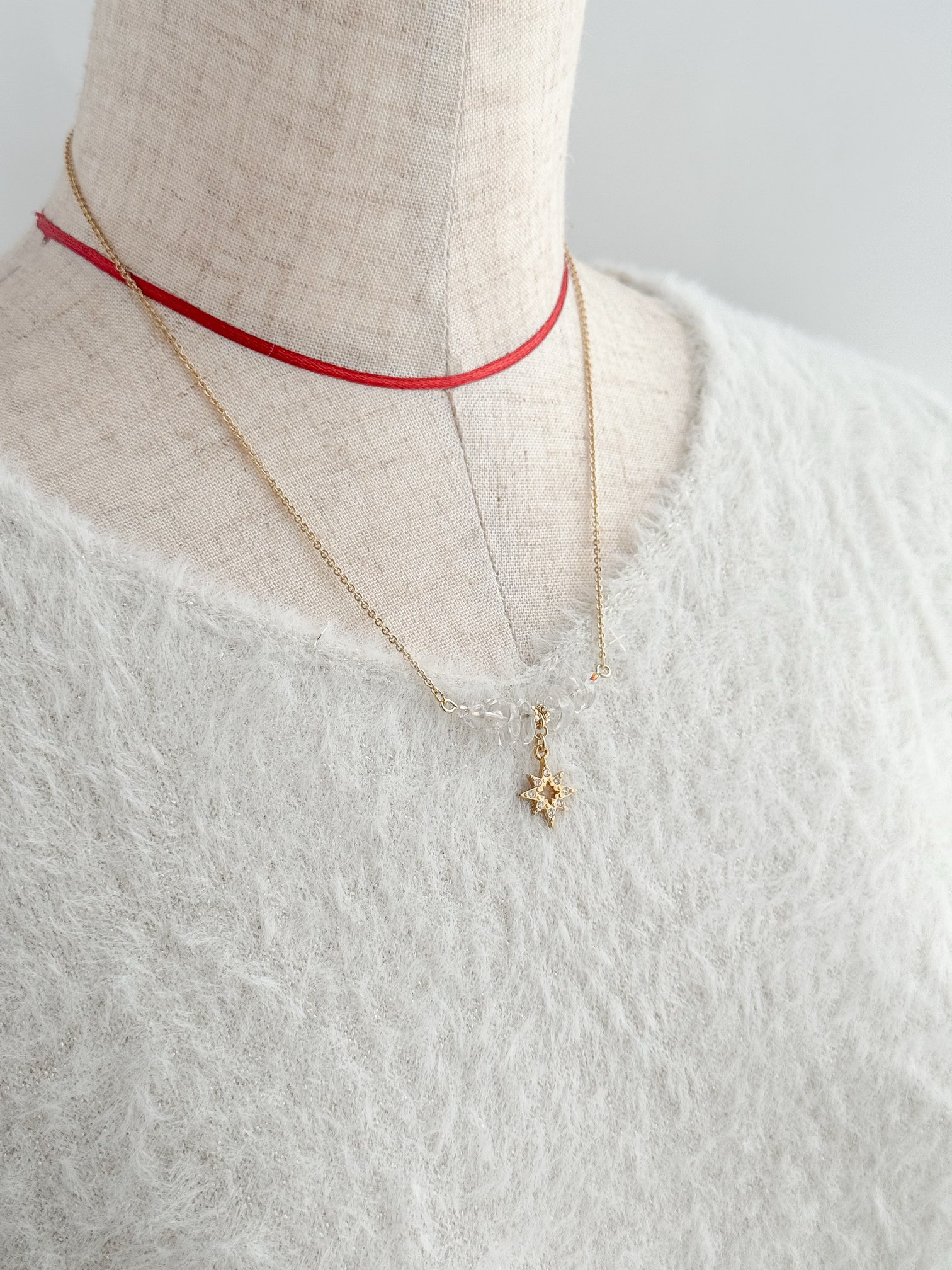 選べる 3Way ネックレス ＊ 星 or 月 クリスタル 天然石 ネックレス (ゴールド）