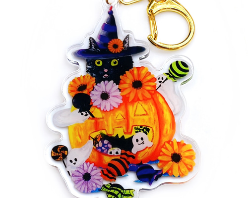 黒猫 ハロウィン おばけ ゴースト お菓子 アクリルキーホルダー