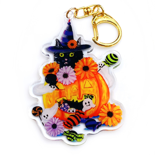 黒猫 ハロウィン おばけ ゴースト お菓子 アクリルキーホルダー