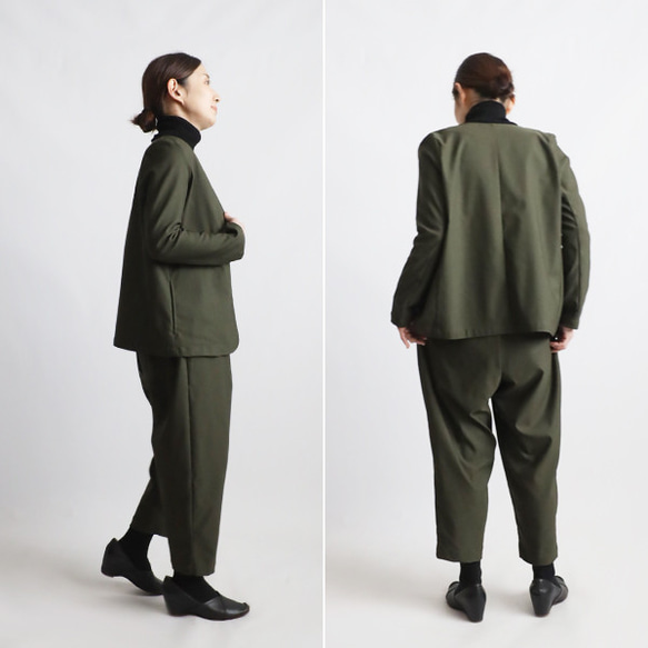 ⁂新作　８５ｃｍ丈　斜横ぐーんと伸びる伸縮ストレッチ　上下セットアップ　ノーカラージャケット　 テーパードパンツK76 5枚目の画像