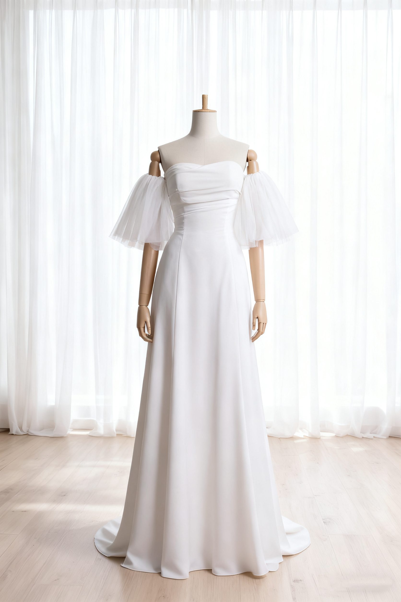 送料無料！ウェディングドレス フリル袖 ビスチェドレス 細見えシルエット オフホワイト Aライン 二次会