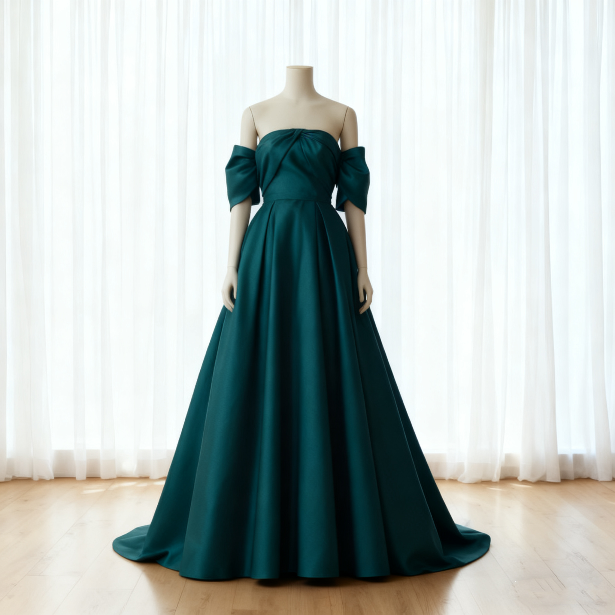 送料無料！パーティードレス グリーン  半袖 光沢サテン ハンドドレープ エレガント アンティークなドレス 音楽会