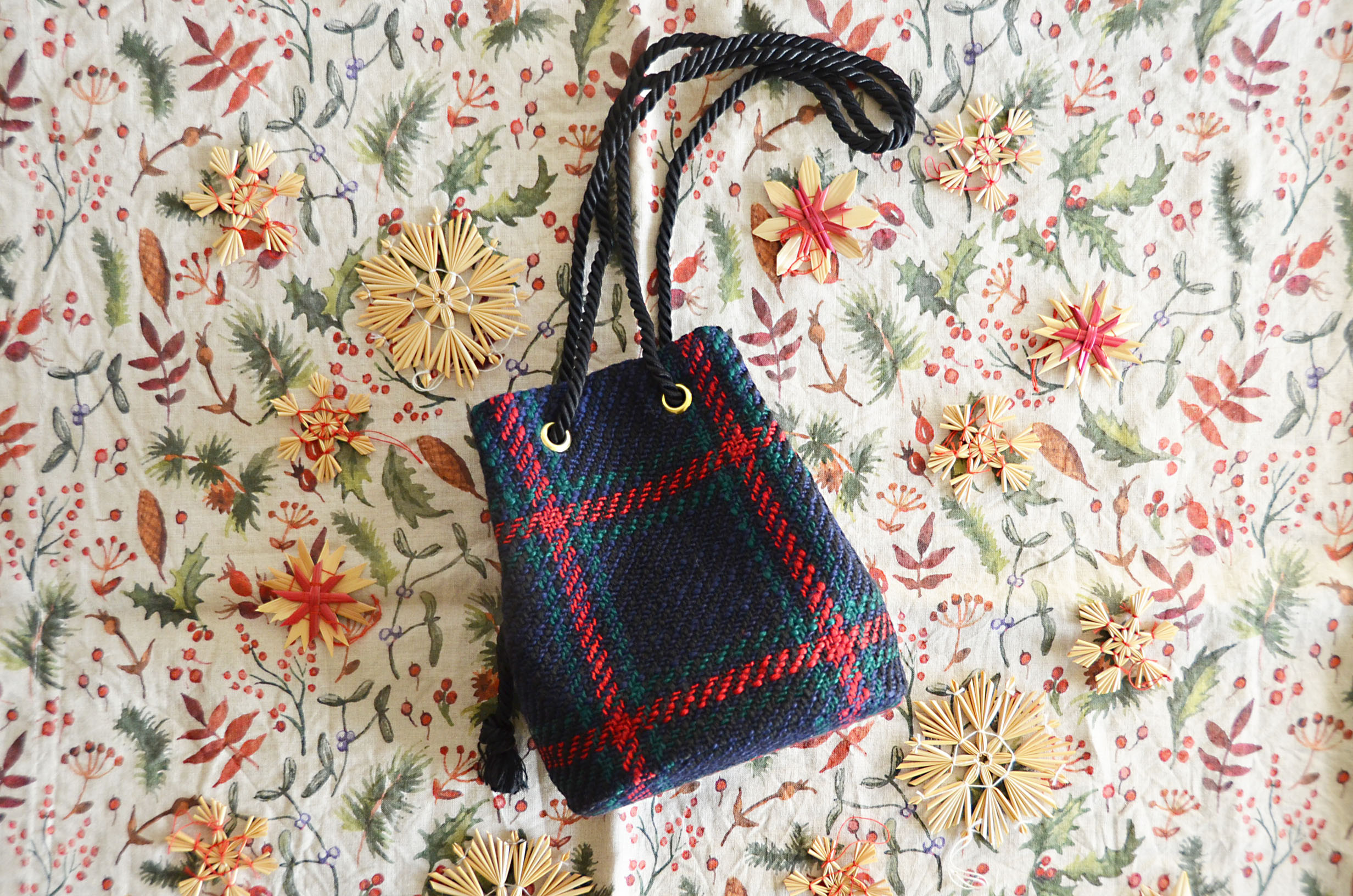 数量限定! ウールロービングチェック2way ポシェットマリンバッグ　ミニショルダー　ネイビー×レッド　クリスマスギフト