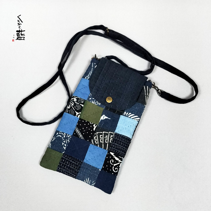 サコッシュ　四角つなぎ　ナインパッチ　ポシェット　藍染　型染　古布　 s2286