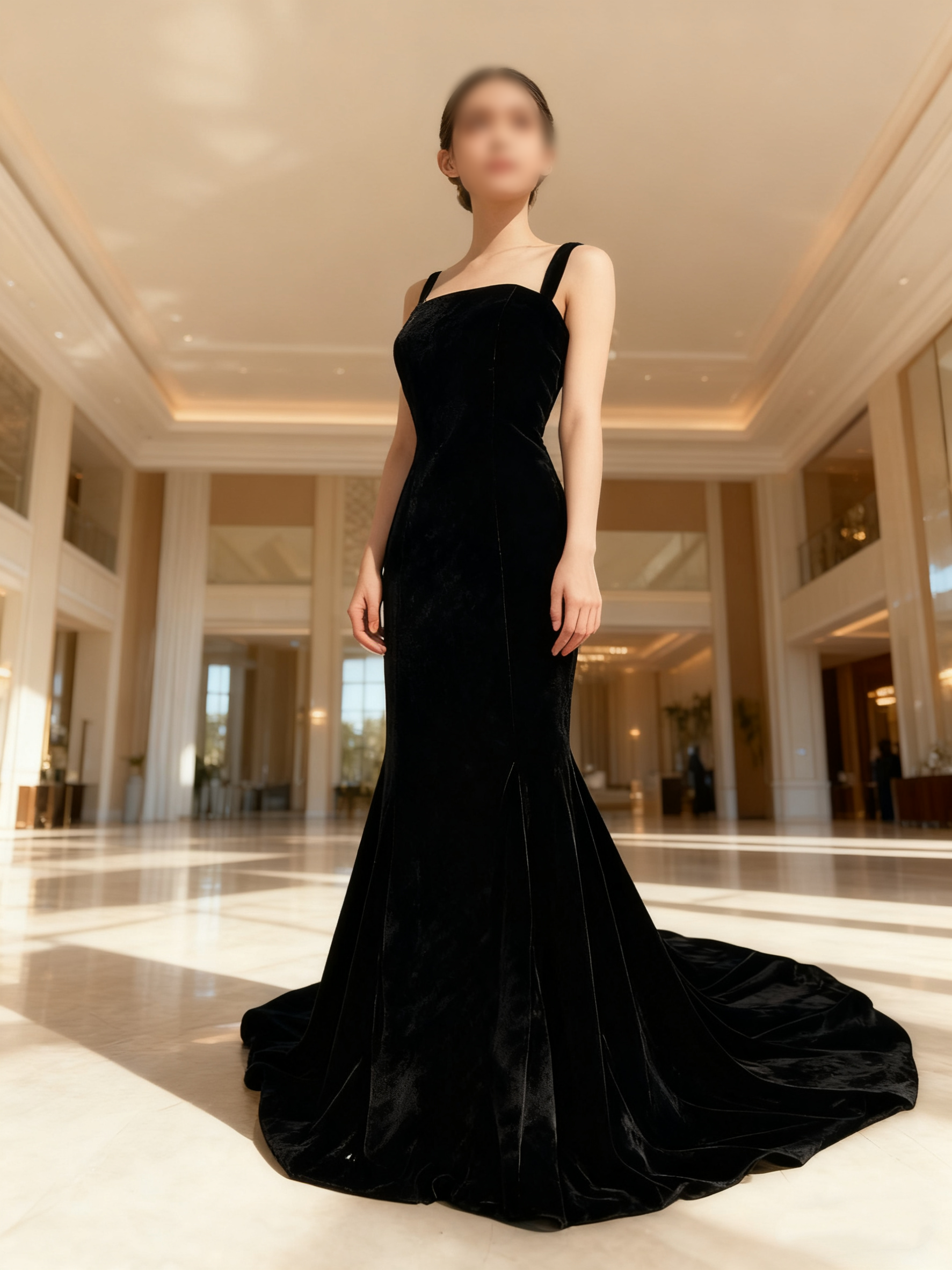 送料無料！パーティードレス キャミソール ブラック ビロード ファスナー マーメイドライン トレーン 優雅なシルエット