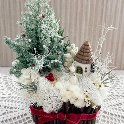 クリスマスツリーのある風景、箱庭風プリザーブドフラワーをインテリアとしてディスプレイにも最適 1枚目の画像