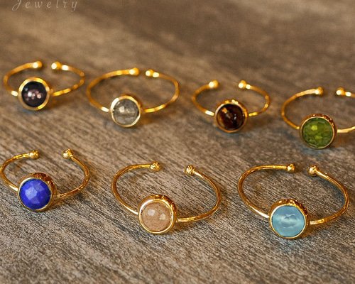 7種類天然石』 カット入り宝石の一粒リング 華奢 繊細 細い ゴールド
