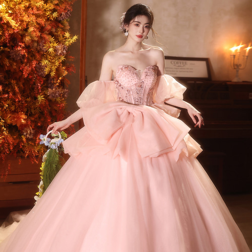 ピンク ストラップレス ウェディングドレス 豪華 ピンク ウェディングドレス プリンセス パーティー 演奏会 二次会