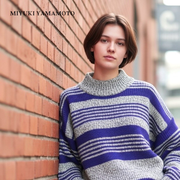 【ウール100％】 ストライプトップス (グレー×ブルー)/ ボーダー / １点物 / ニットウェア (No,494)