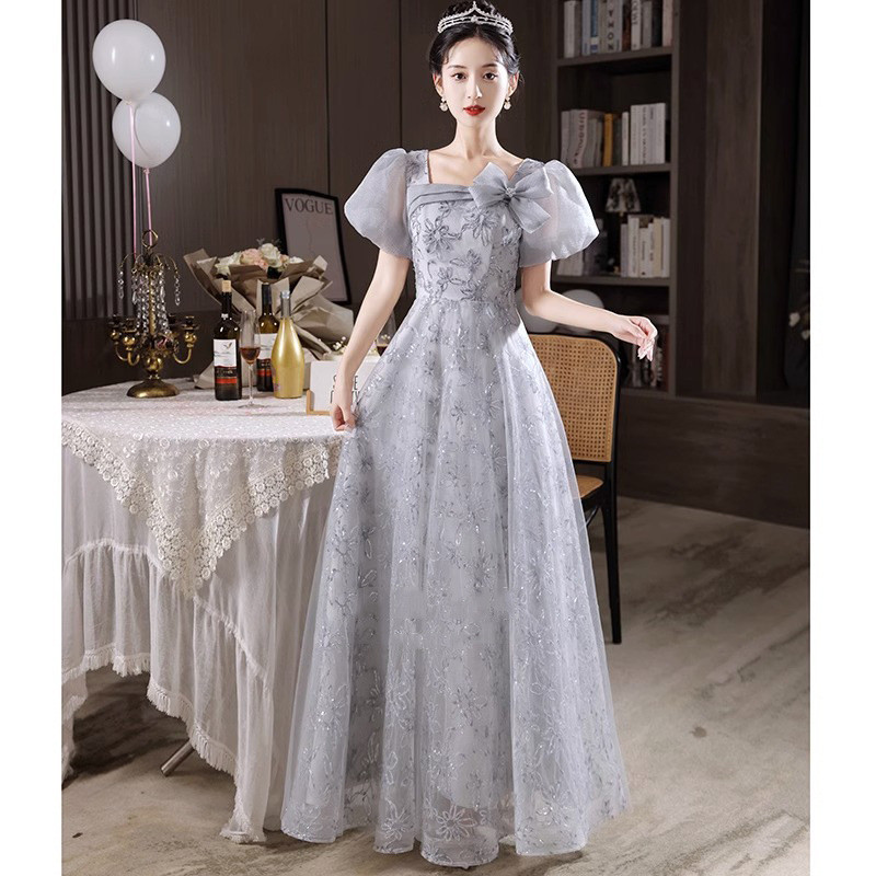 グレー パフスリーブ ロング カラードレス プリンセス 韓国風 ウェディング パーティー 演奏会 二次会 HL170