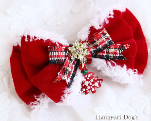 赤ベルベット ツリー 雪の結晶 クリスマス 冬 犬バレッタ キッズ・子供