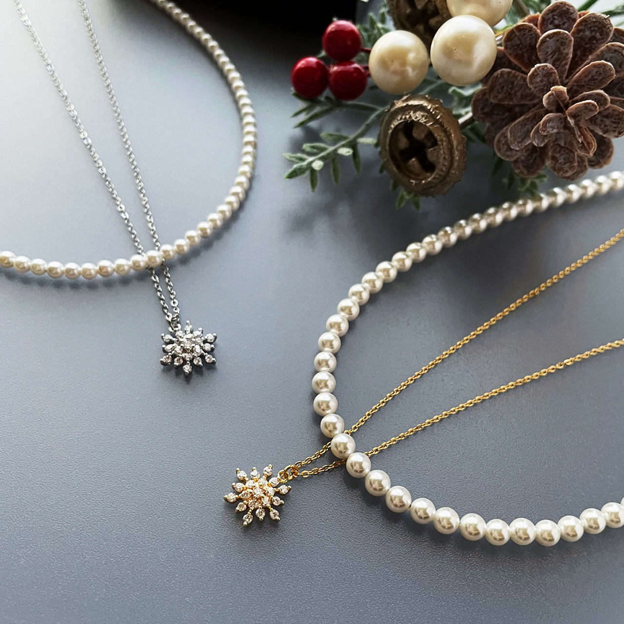 【冬の煌めきセット】スノーフレーク＆パール ネックレスセット  雪の結晶 ご褒美 ホワイト 福袋