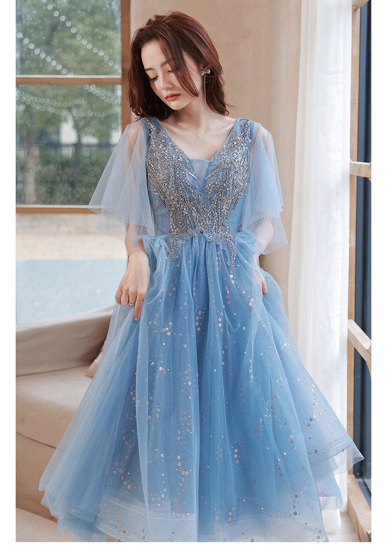 青 Vネック キラキラグリッター カラードレス 高級感 韓国風 ウェディング パーティー 演奏会 二次会 HL178