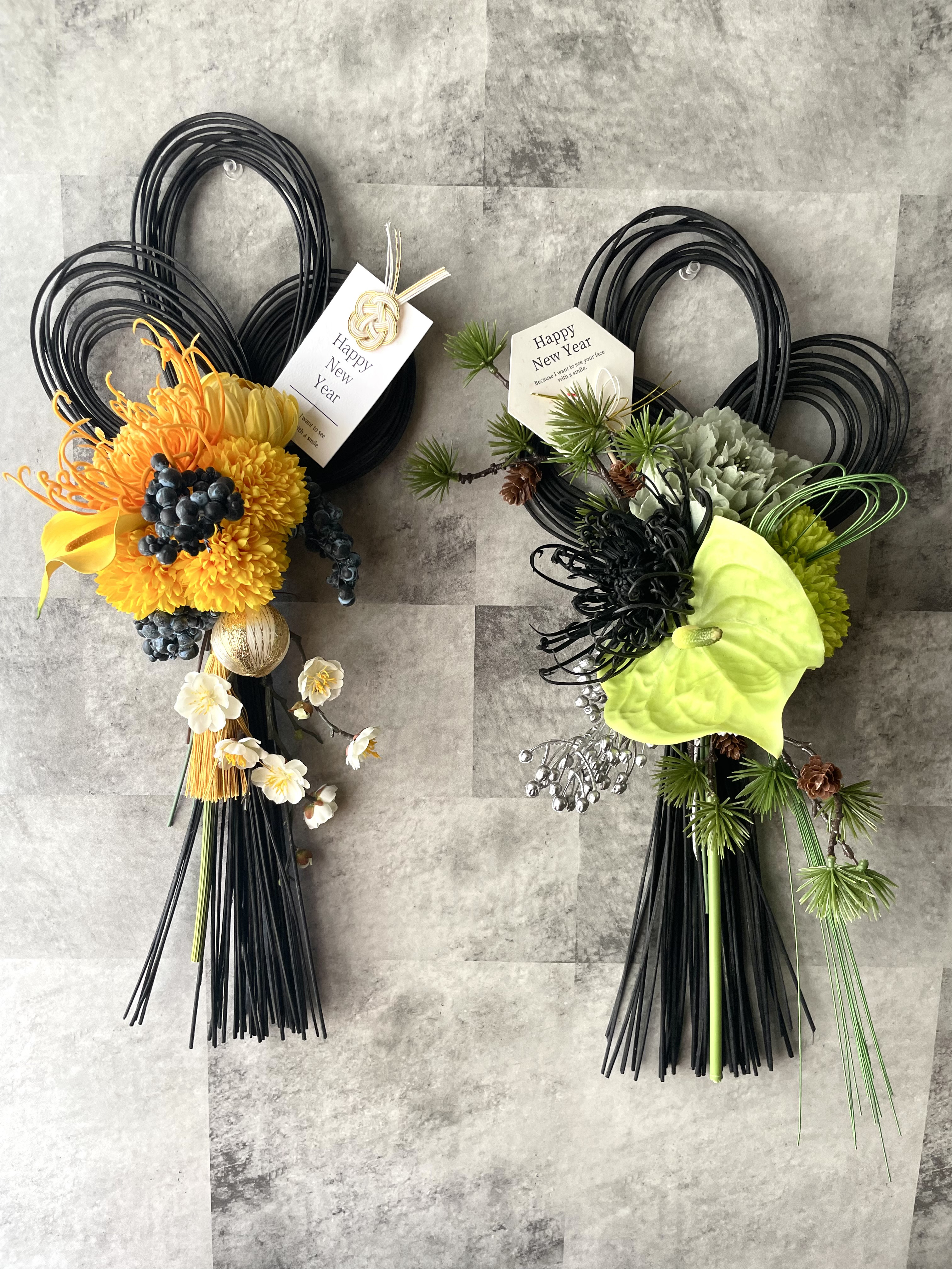 ラタンのモダンシックな正月飾り 選べる４カラー アーティフィシャルフラワー お正月 しめ縄 新春飾り マム胡蝶蘭