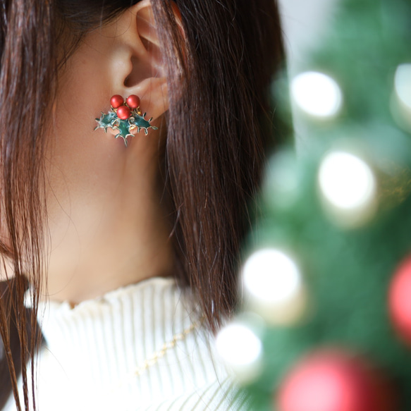 冬の贈りもの 柊のピアス／イヤリング＆ネックレス　冬限定ホリデーセット　クリスマスコフレ 3枚目の画像