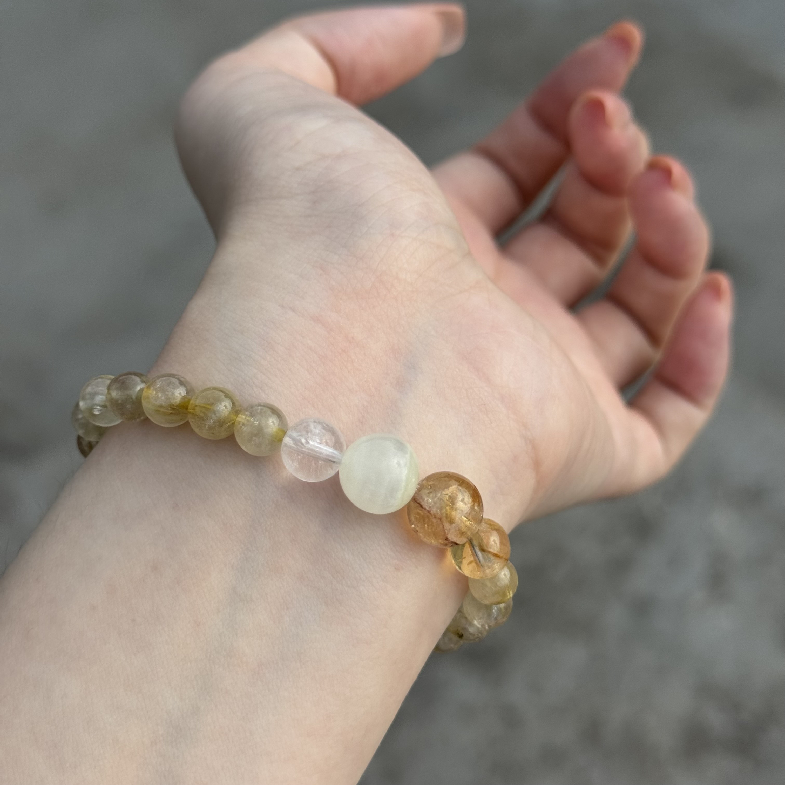 【天然石】超七×方解石×白水晶×金髪ルチル 16粒ブレスレット｜ハンドメイド
